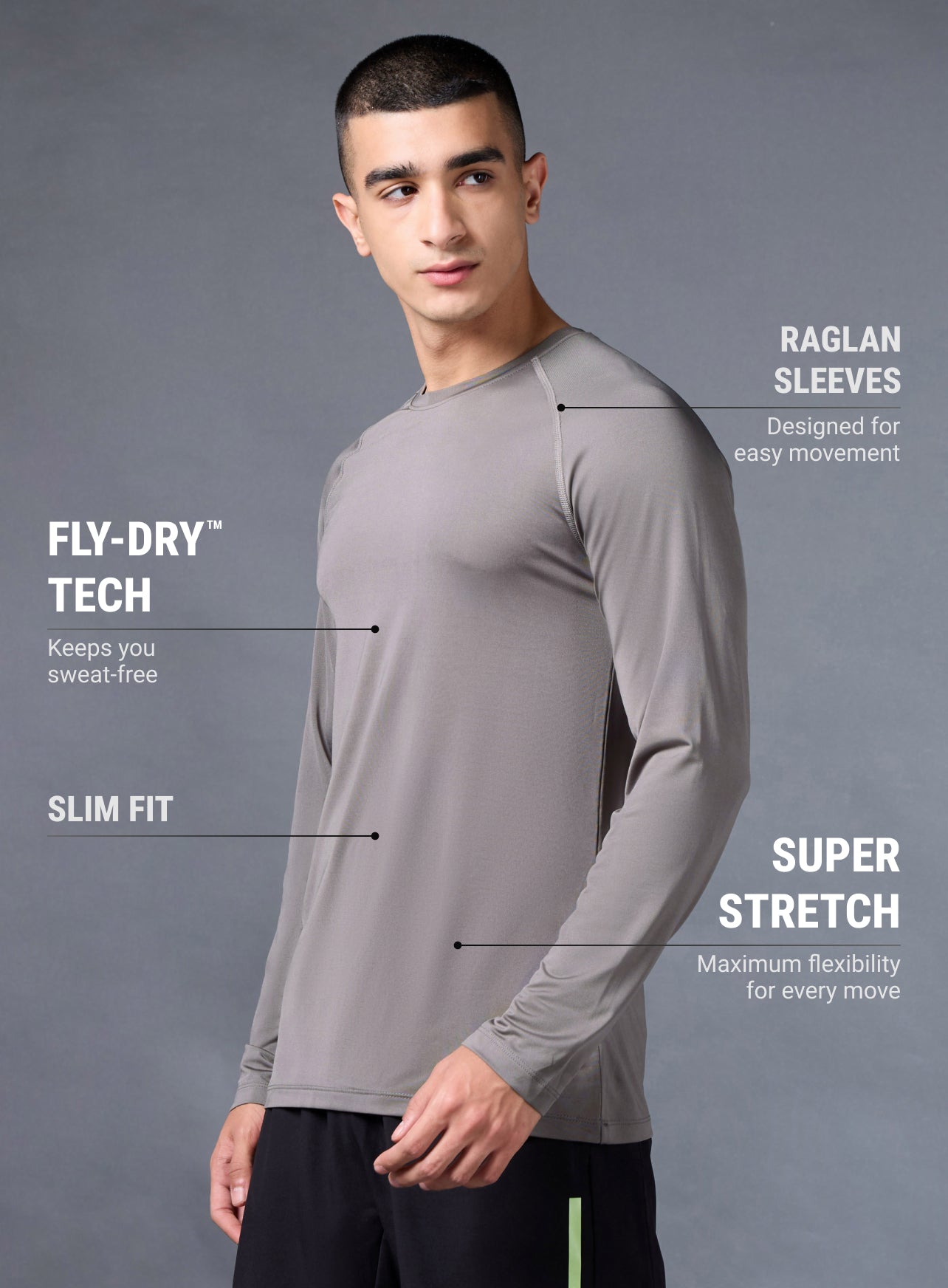 Men's Grey Base Layer Run Full Sleeve Slim Fit T-shirt
