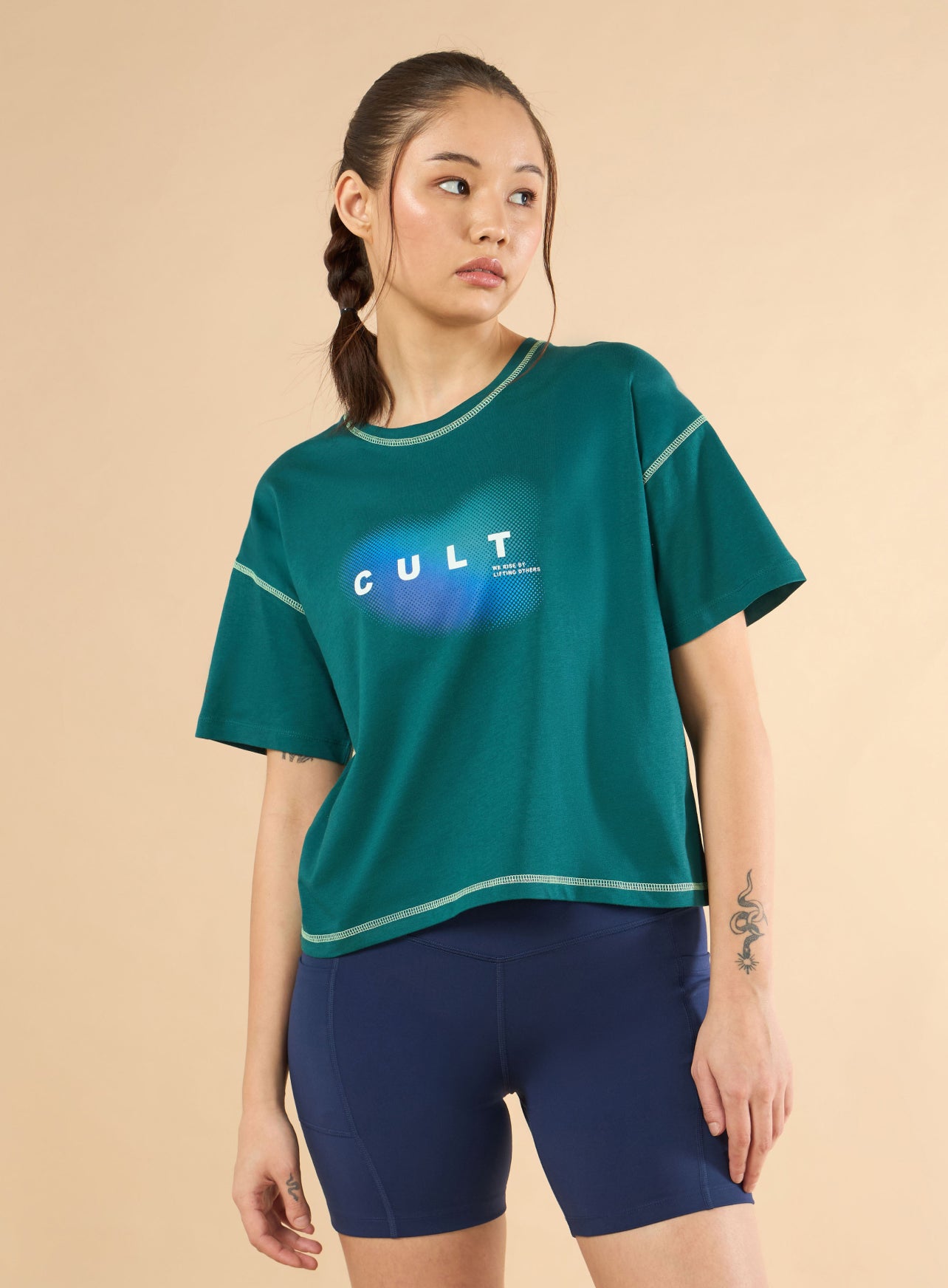 Women's Teal Cult Spirit Graphic Boxy crop T-shirt