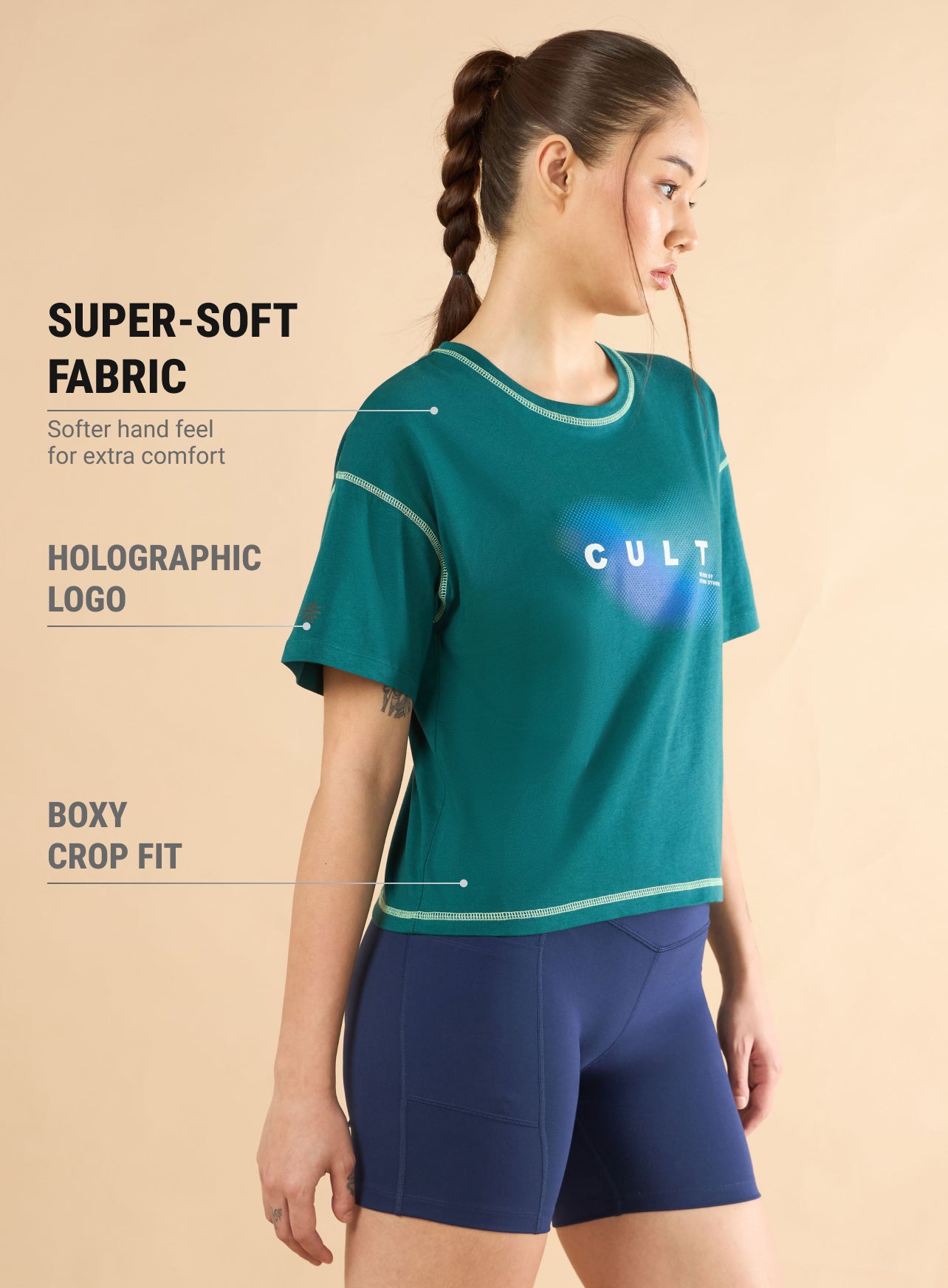 Women's Teal Cult Spirit Graphic Boxy crop T-shirt