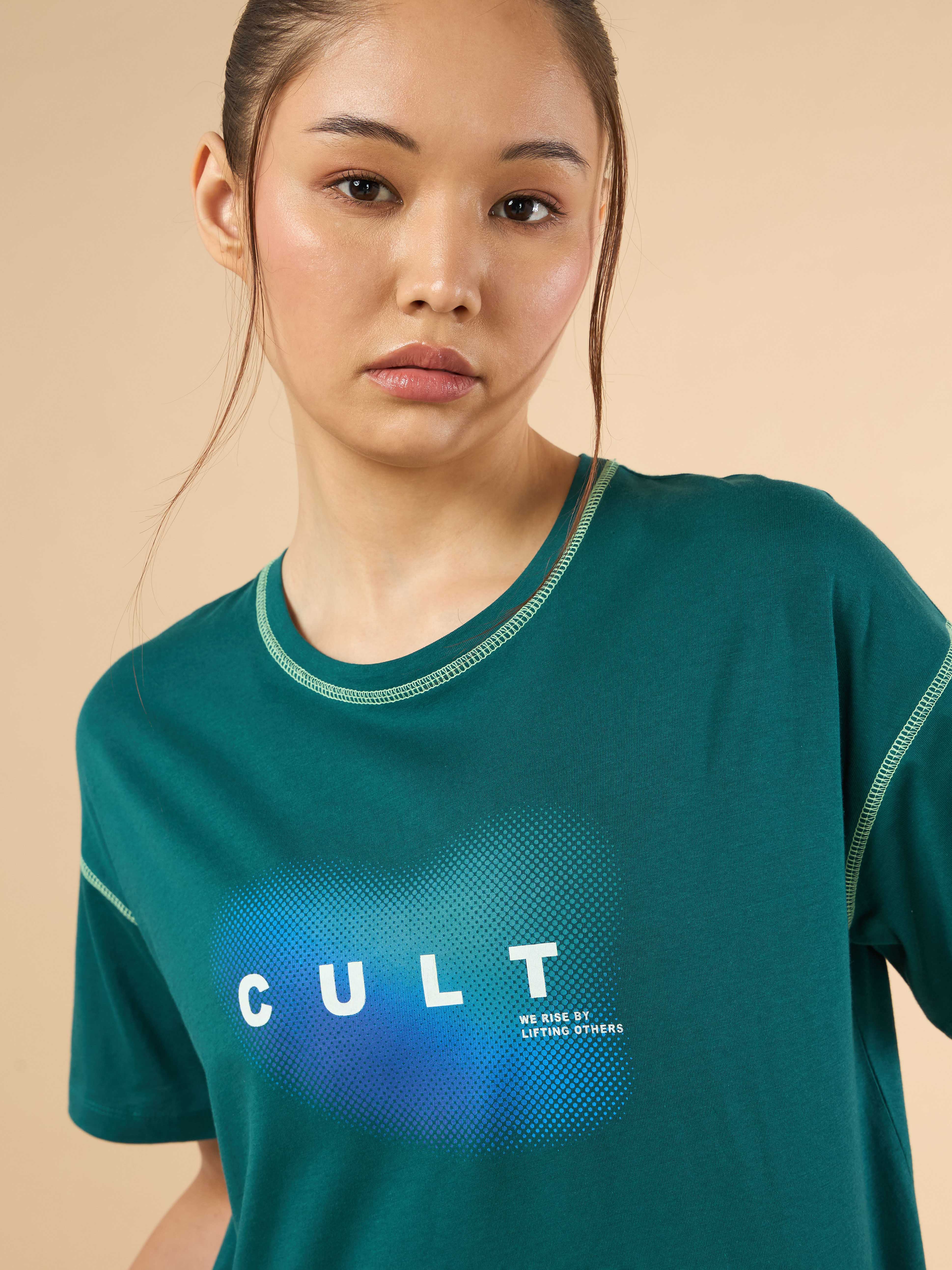 Women's Teal Cult Spirit Graphic Boxy crop T-shirt