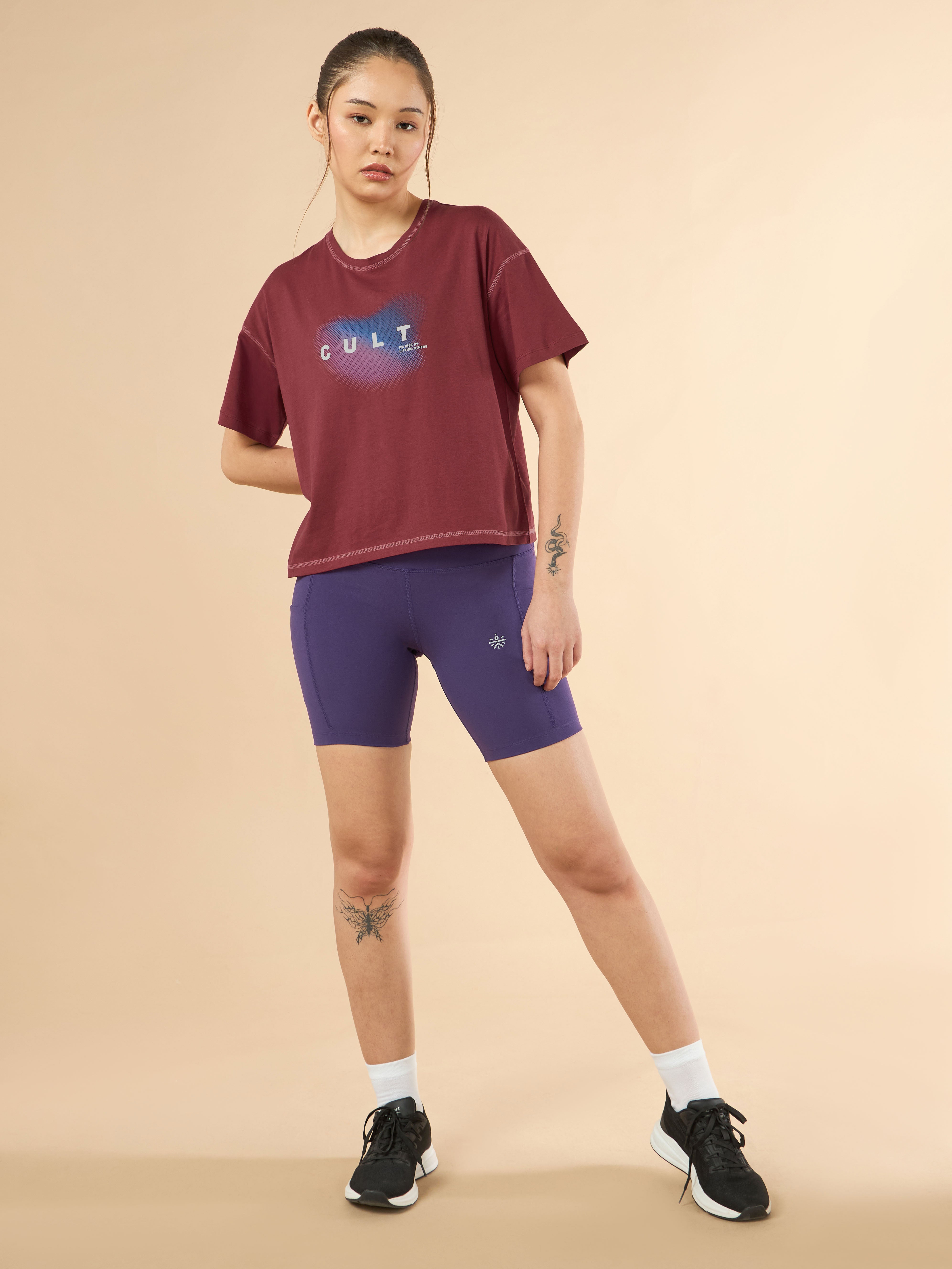 Women's Maroon Cult Spirit Graphic Boxy Crop T-shirt