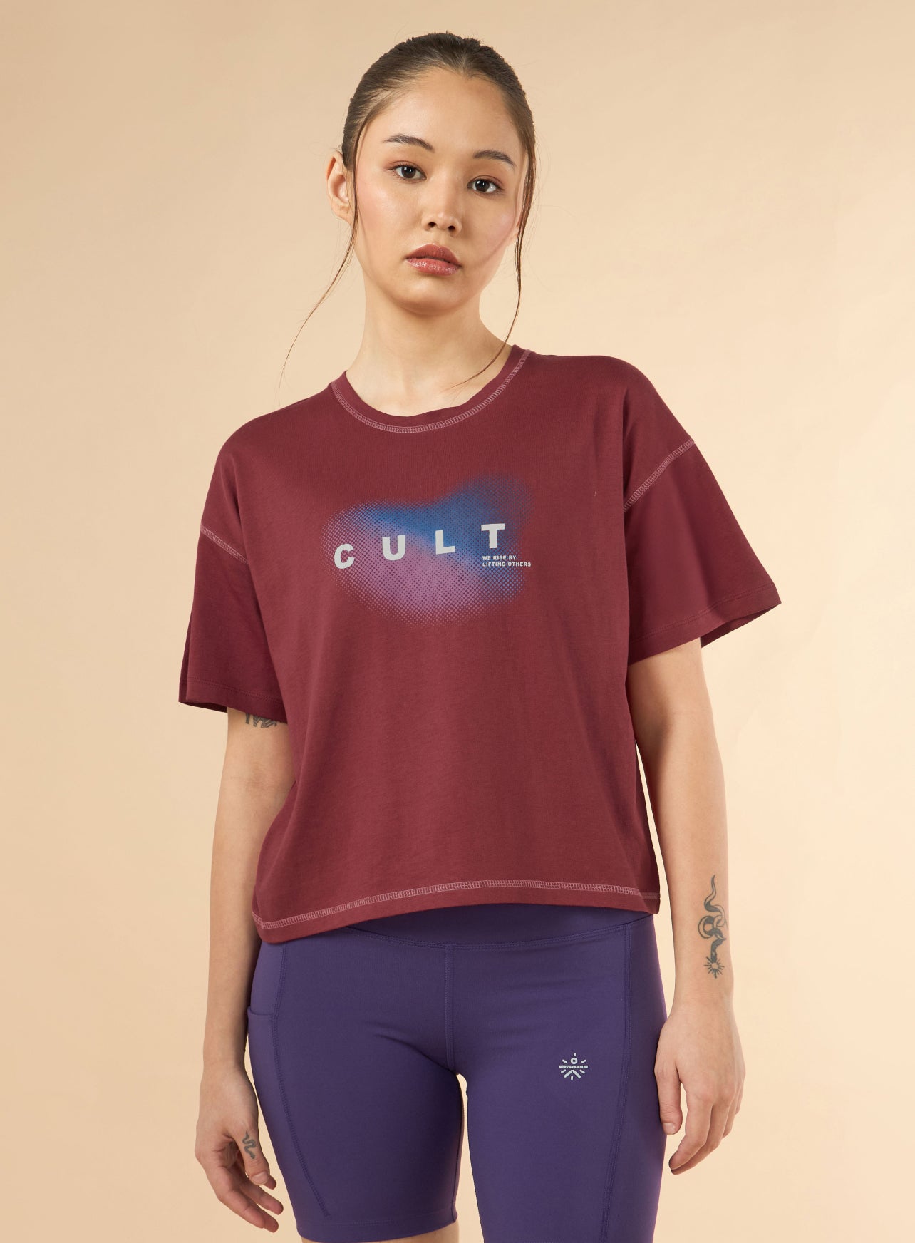 Women's Maroon Cult Spirit Graphic Boxy Crop T-shirt