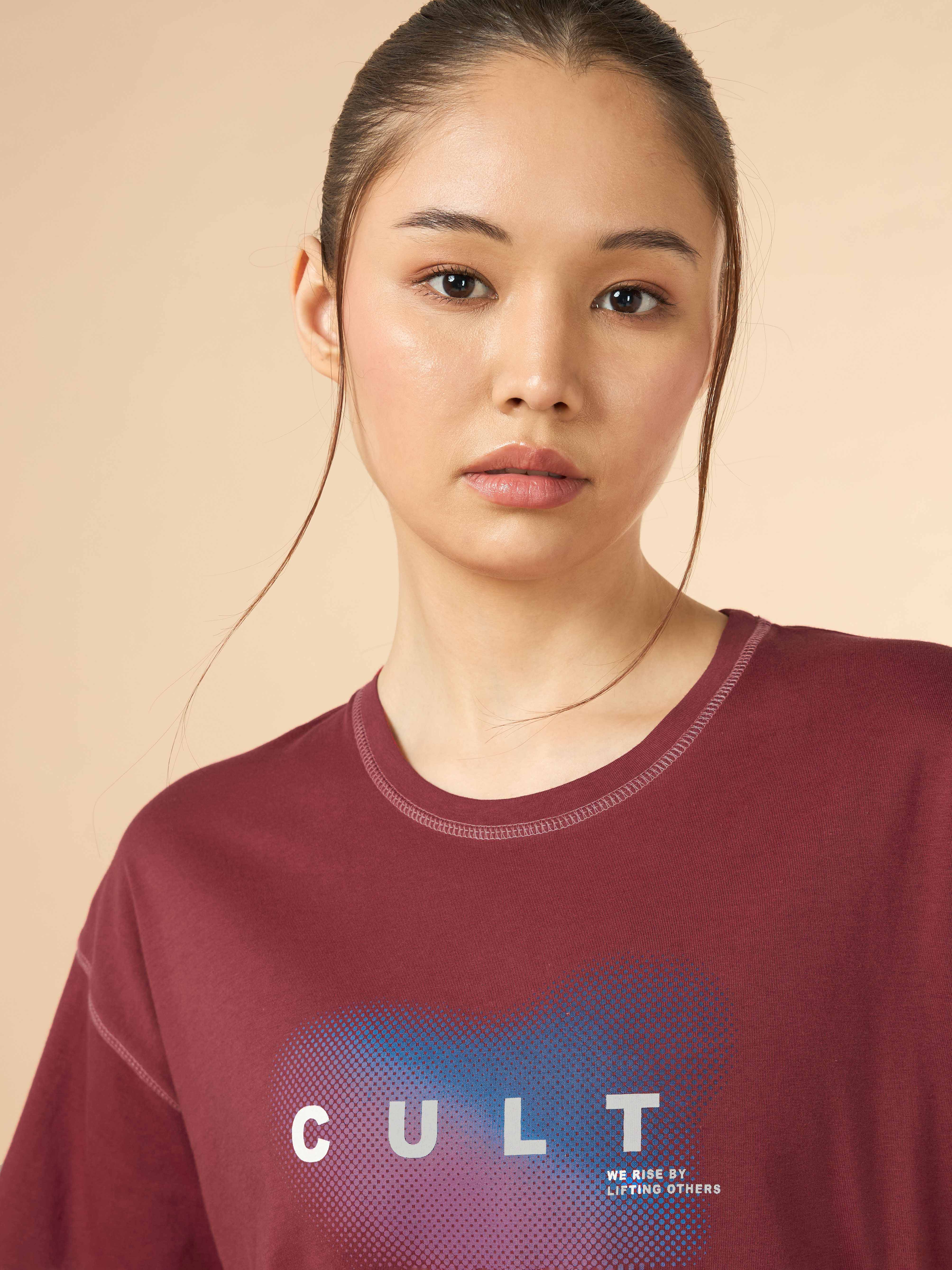 Women's Maroon Cult Spirit Graphic Boxy Crop T-shirt