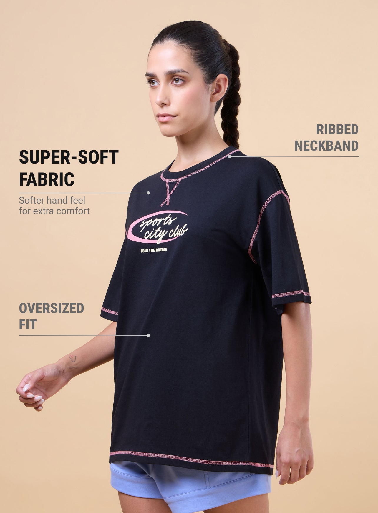 Women's Black Sports City Club Oversized T-shirt