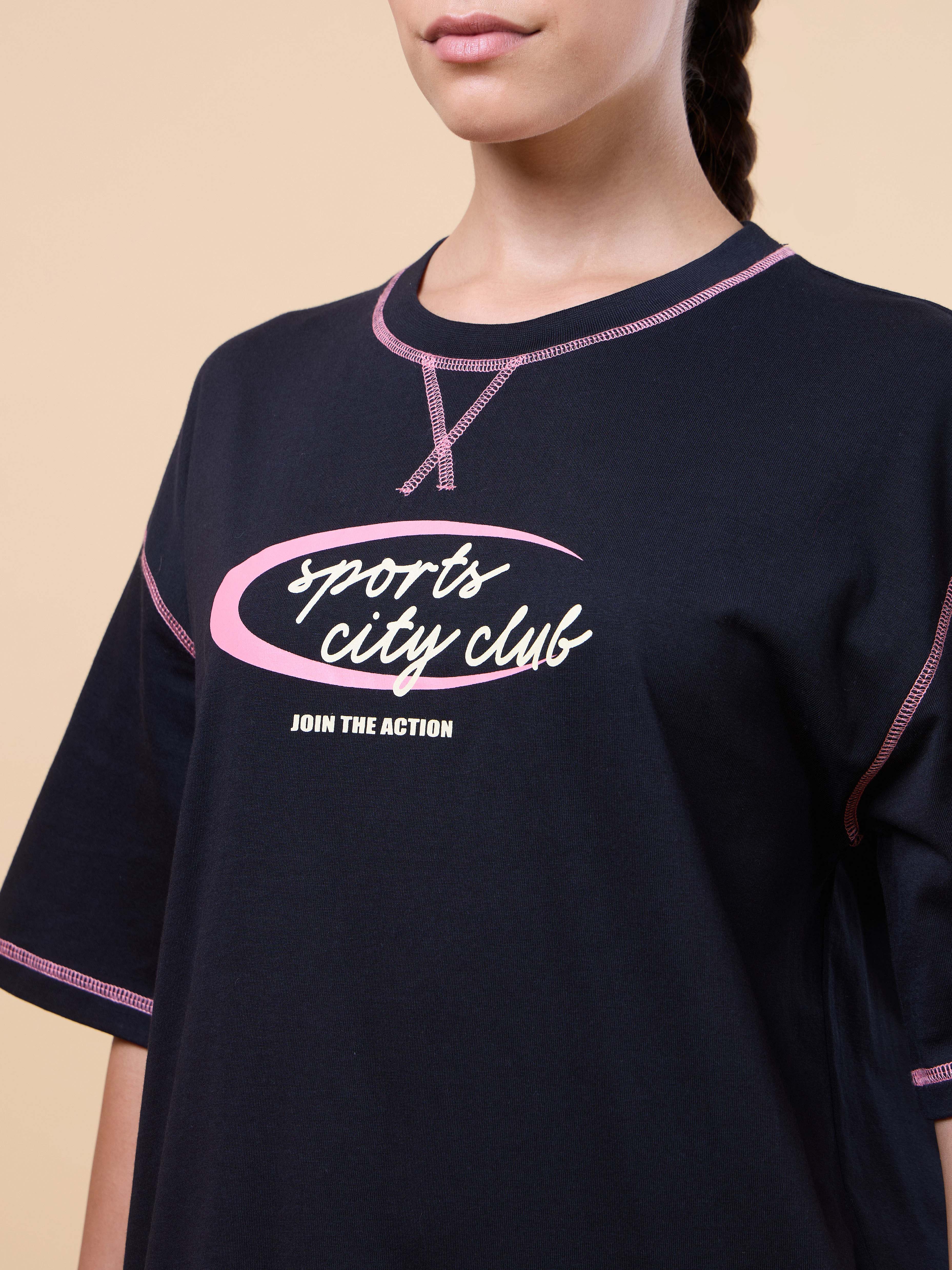 Women's Black Sports City Club Oversized T-shirt