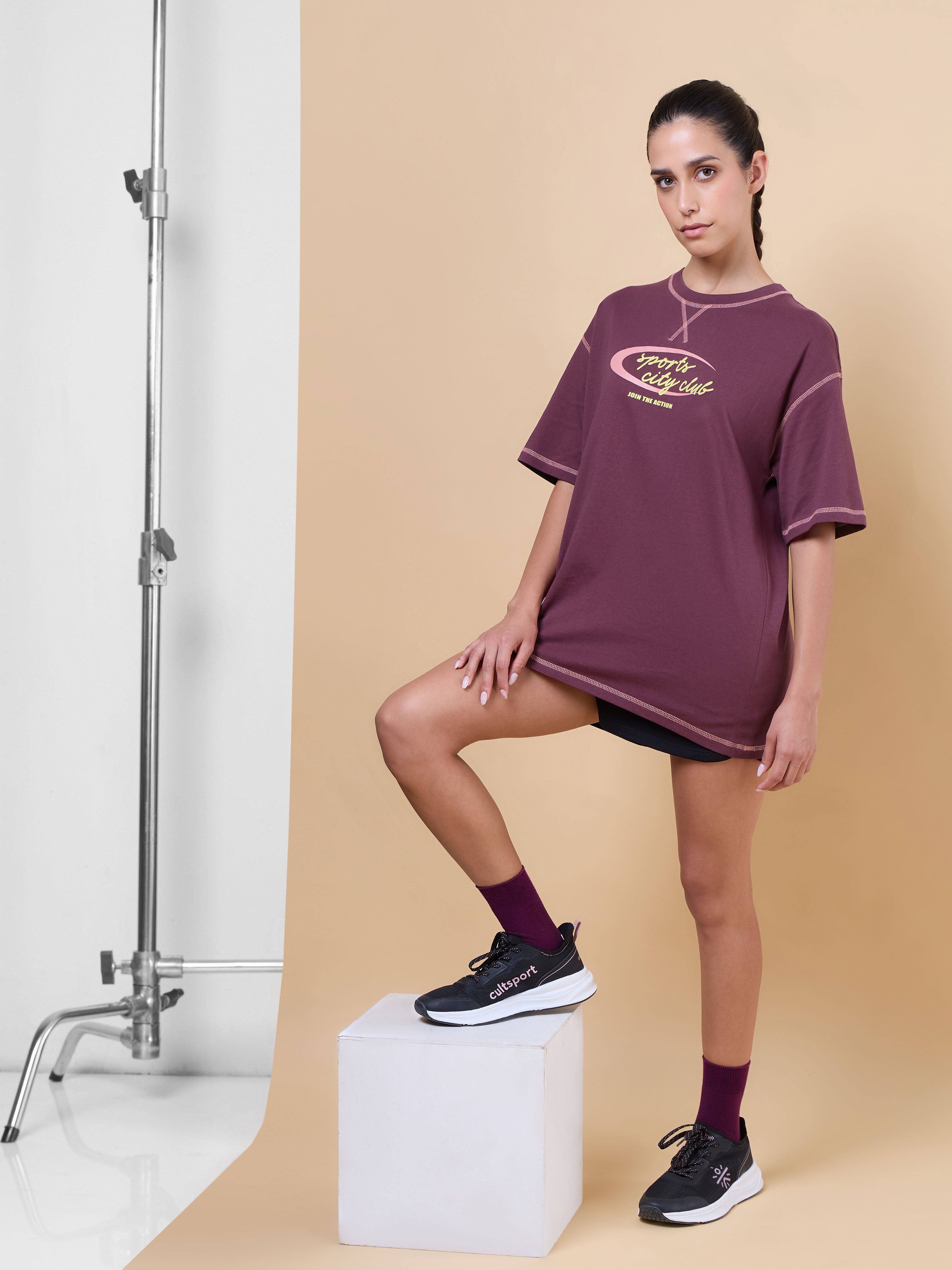 Women's Maroon Sports City Club Oversized T-shirt