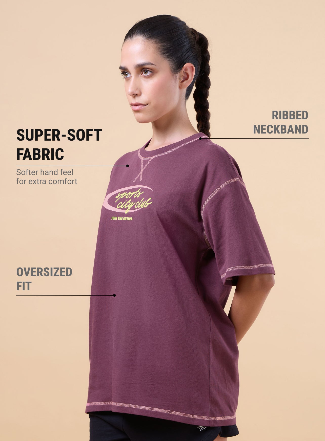 Women's Maroon Sports City Club Oversized T-shirt