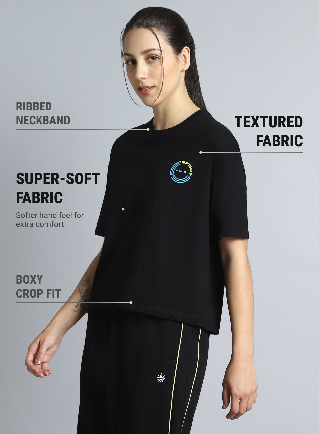 Women's Black Sports Club Relaxed fit T-shirt