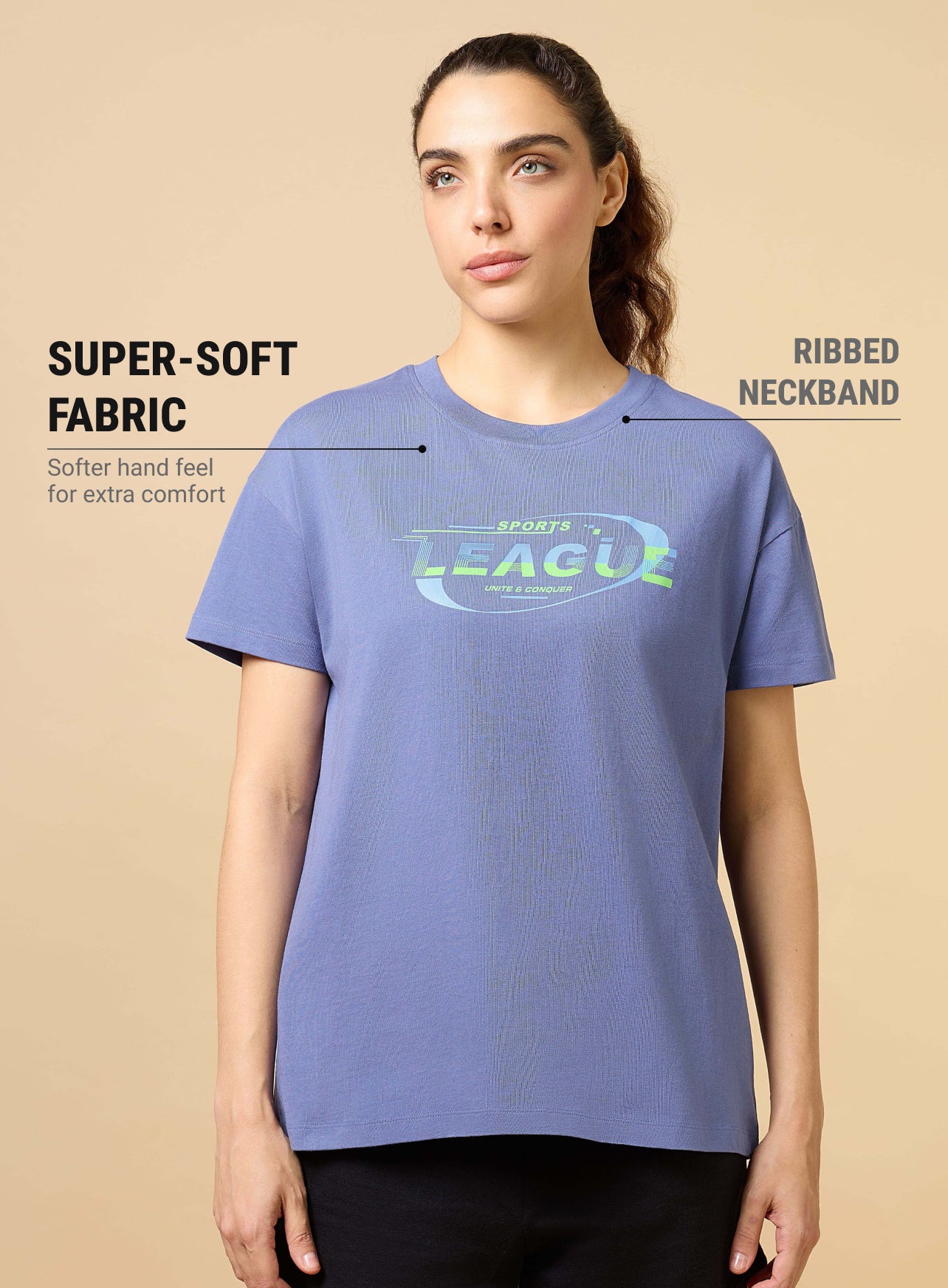 Women's Purple Sports League Relxed Graphic T-shirt