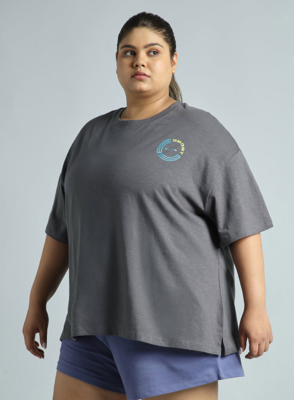 Women's Dark Grey Sports Club Plus Size Oversized Fit T-shirt