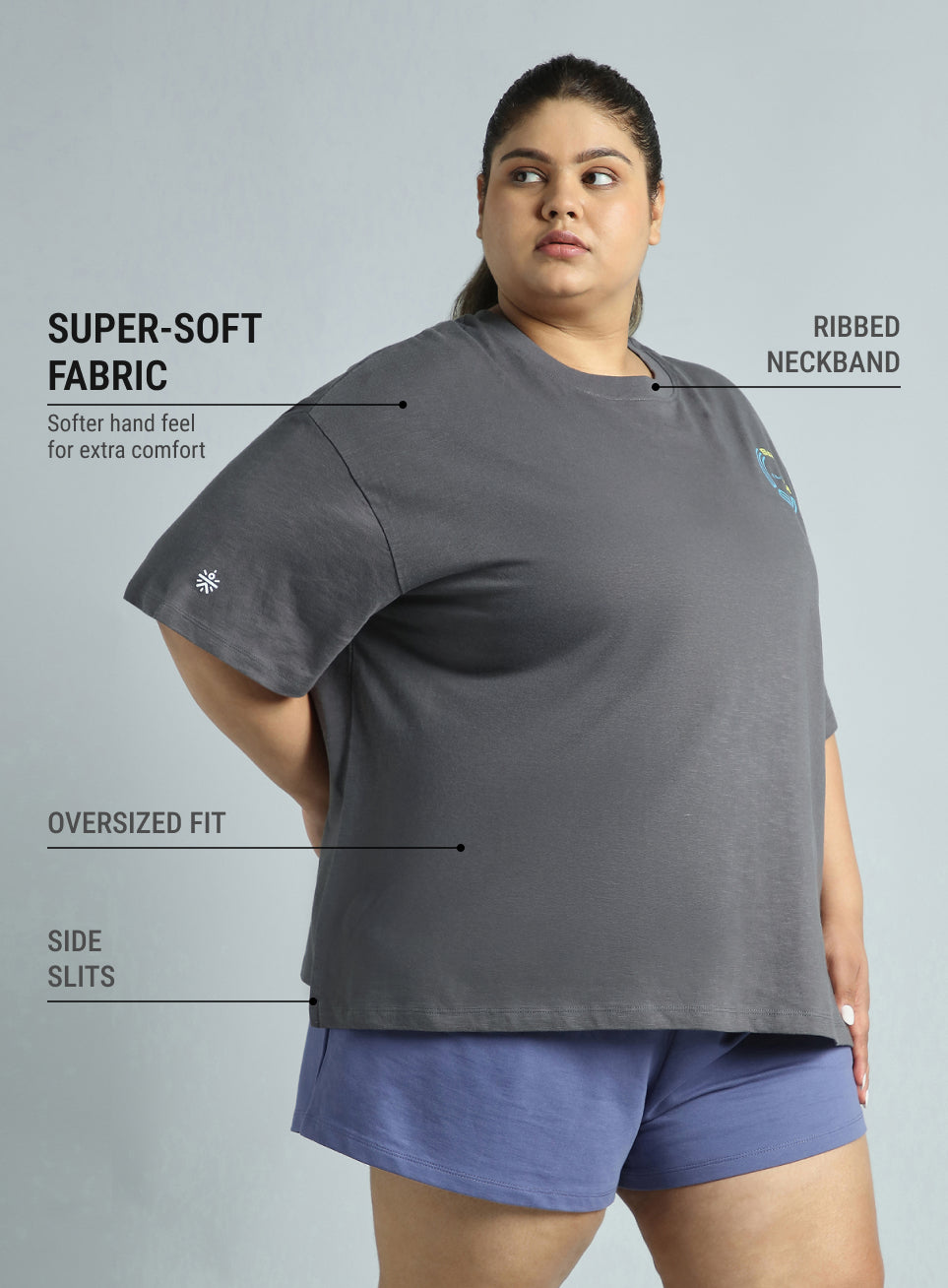 Women's Dark Grey Sports Club Plus Size Oversized Fit T-shirt