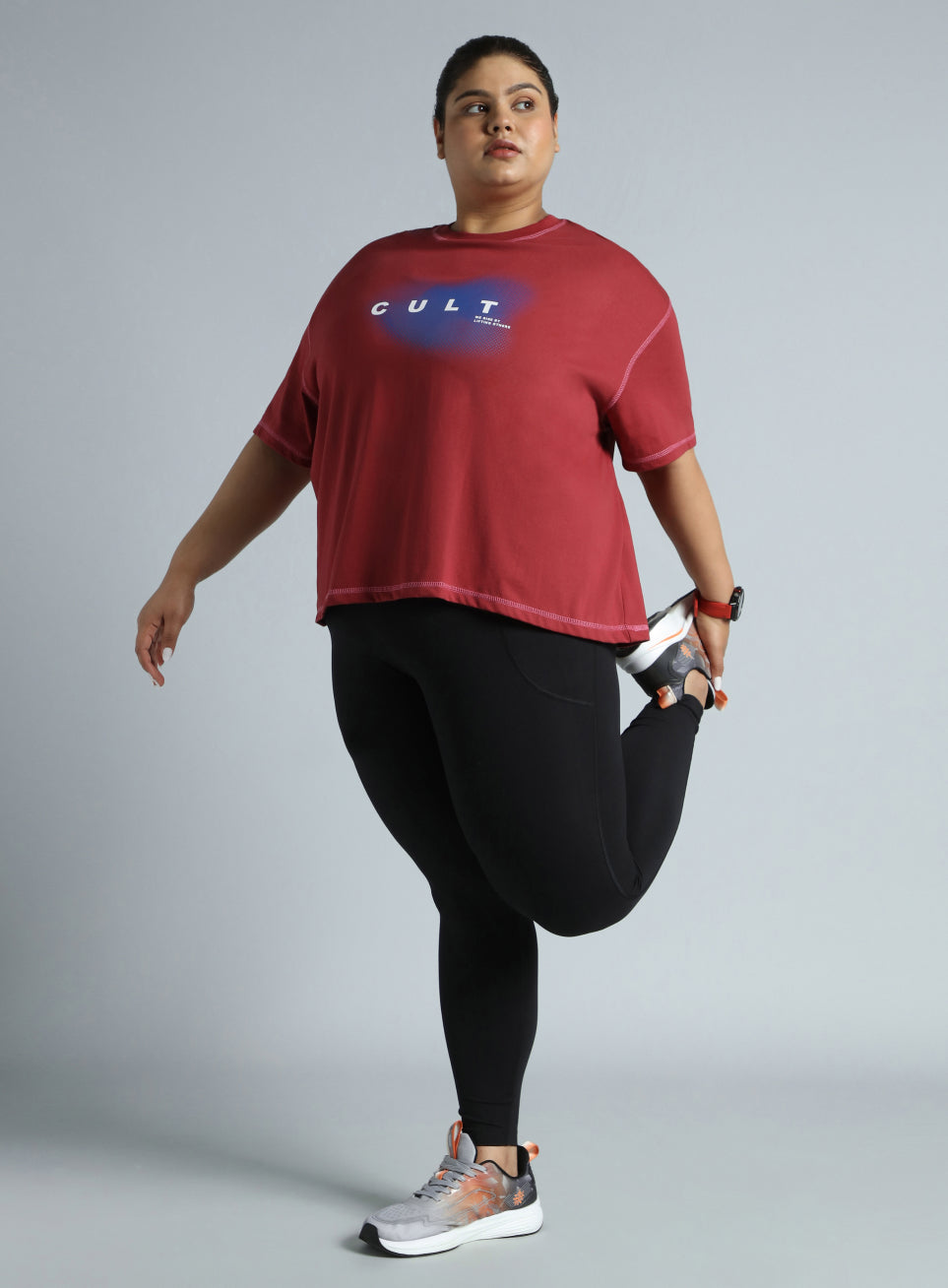Women's Red Training Essential Graphic Plus Size Boxy Fit T-shirt