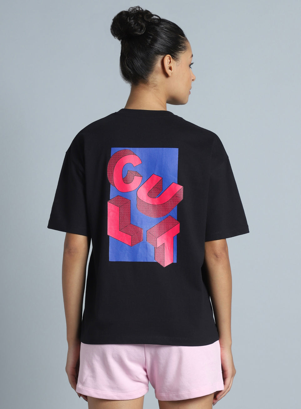 Women's Black Back Print Relaxed Fit T-shirt