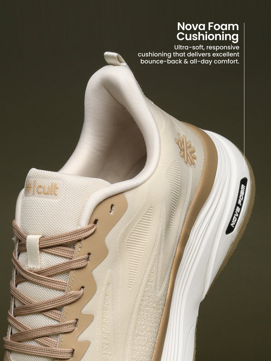 cult Men's Flexride Running Shoes with Durable Rubber Outsole & Cushioning for Runs up to 20 km - Cream/Beige