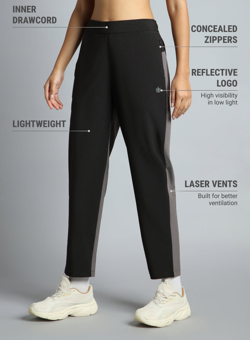 Women's Black Pace Up Running Dual Colour Trackpants