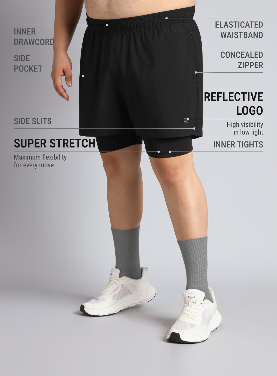 Men's Black Running Plus Size In-Built Shorts