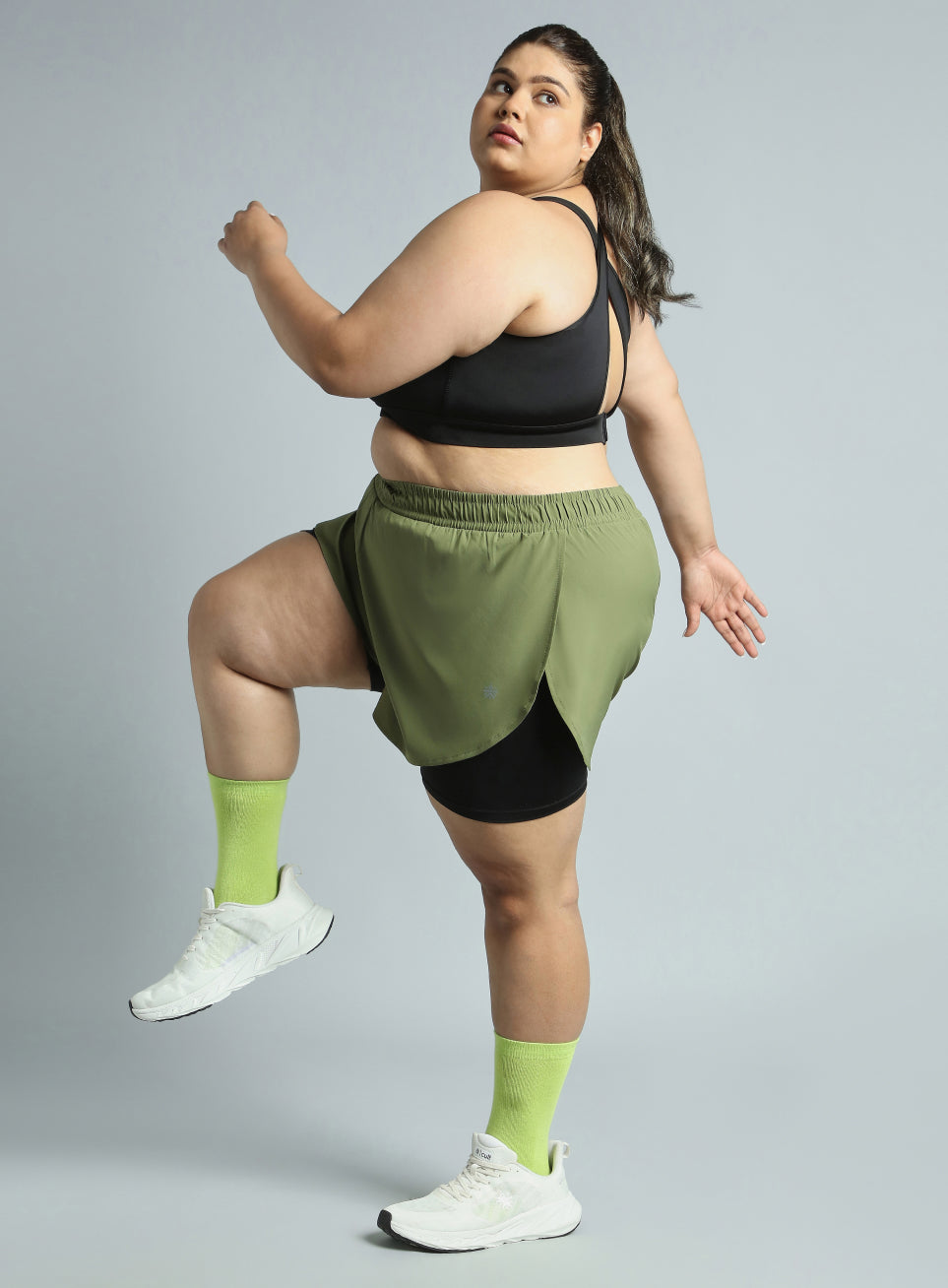Women's Olive Running Essential Plus Size Built in Shorts