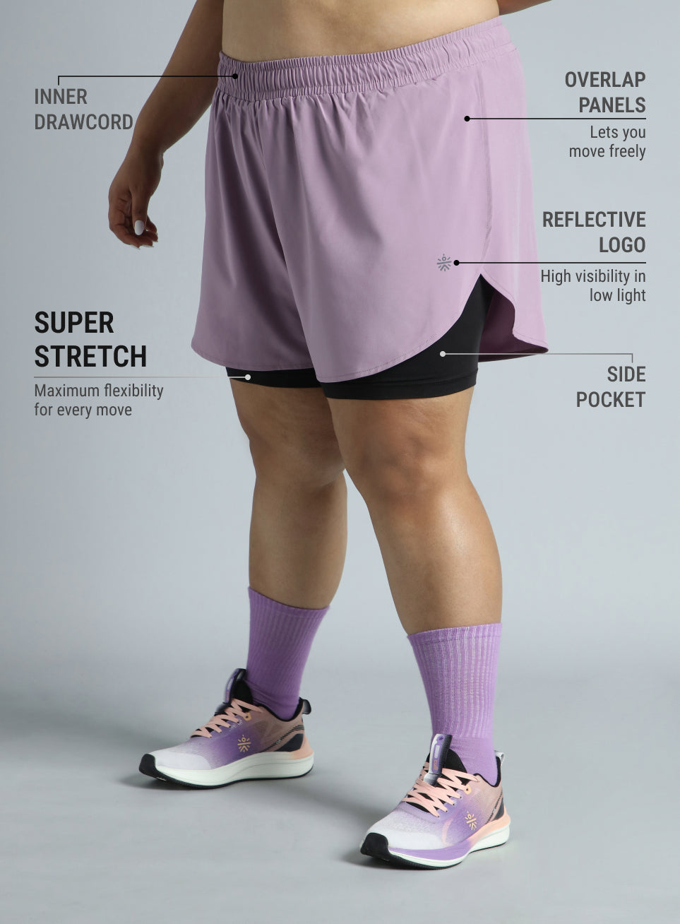 Women's Purple Running Essential Plus Size Built in Shorts