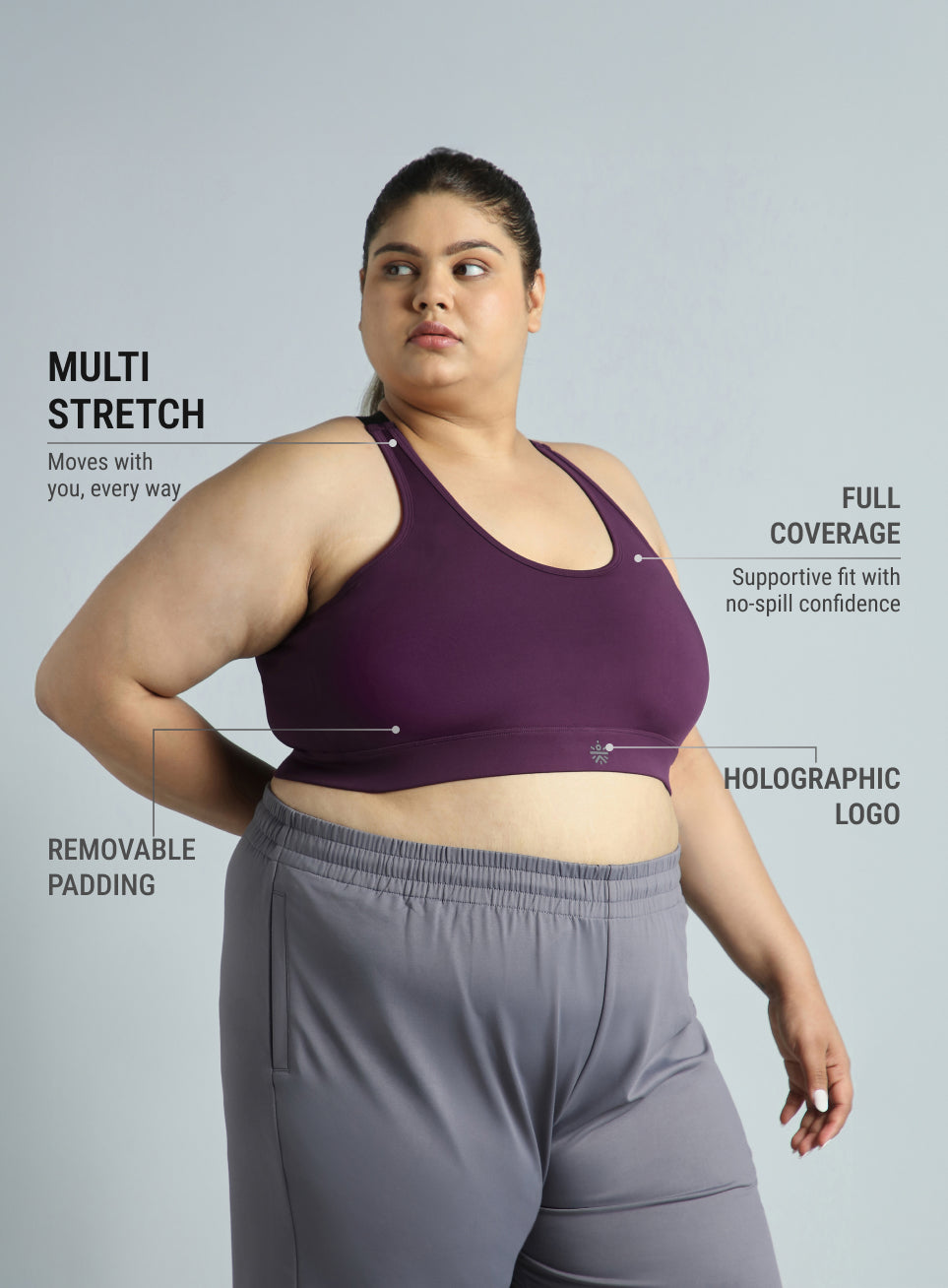 Women's Wine Adjustable Strap Training High Support Plus Size Sports Bra