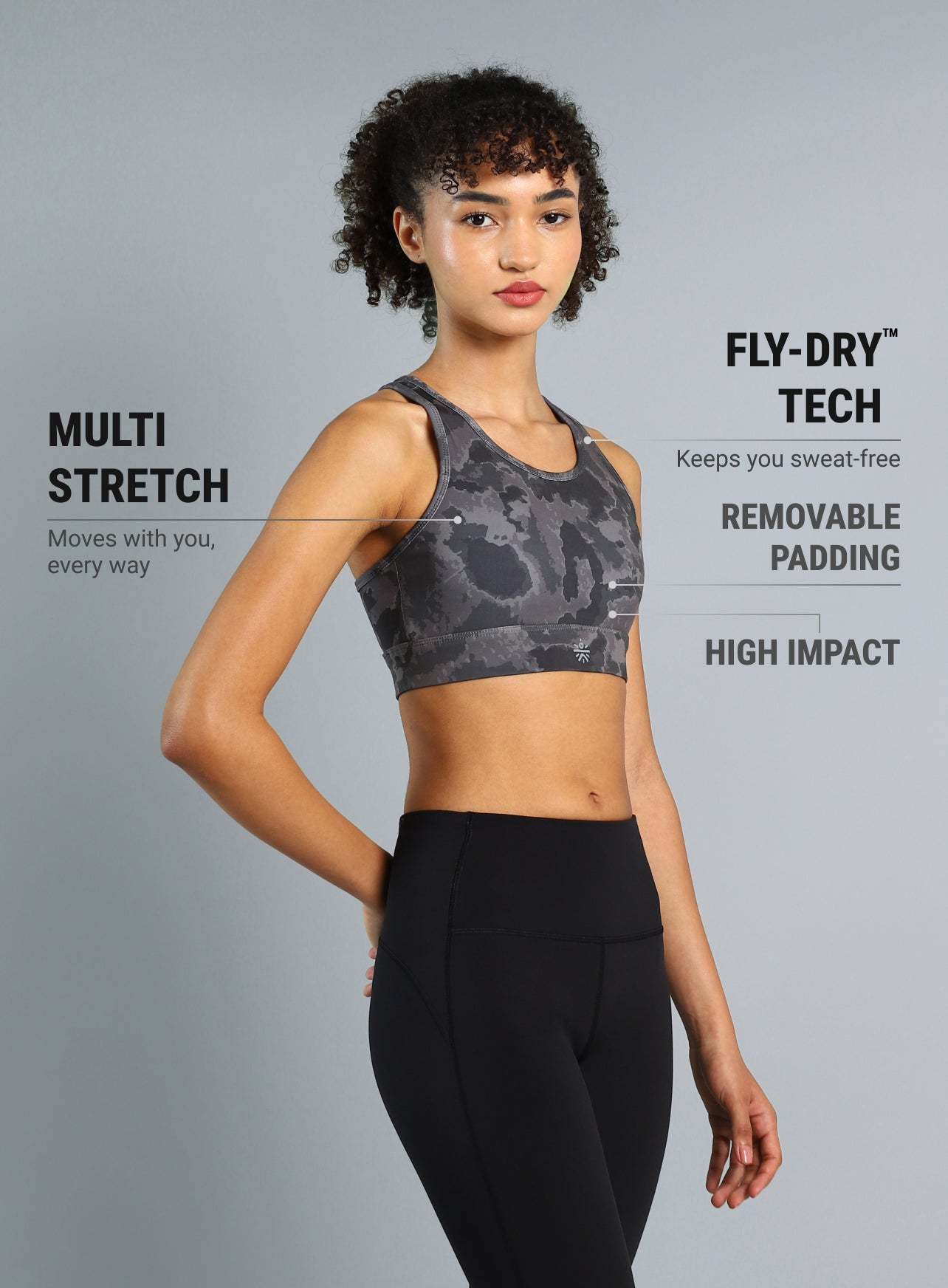 Women's Black Printed Racerback High Impact Bra