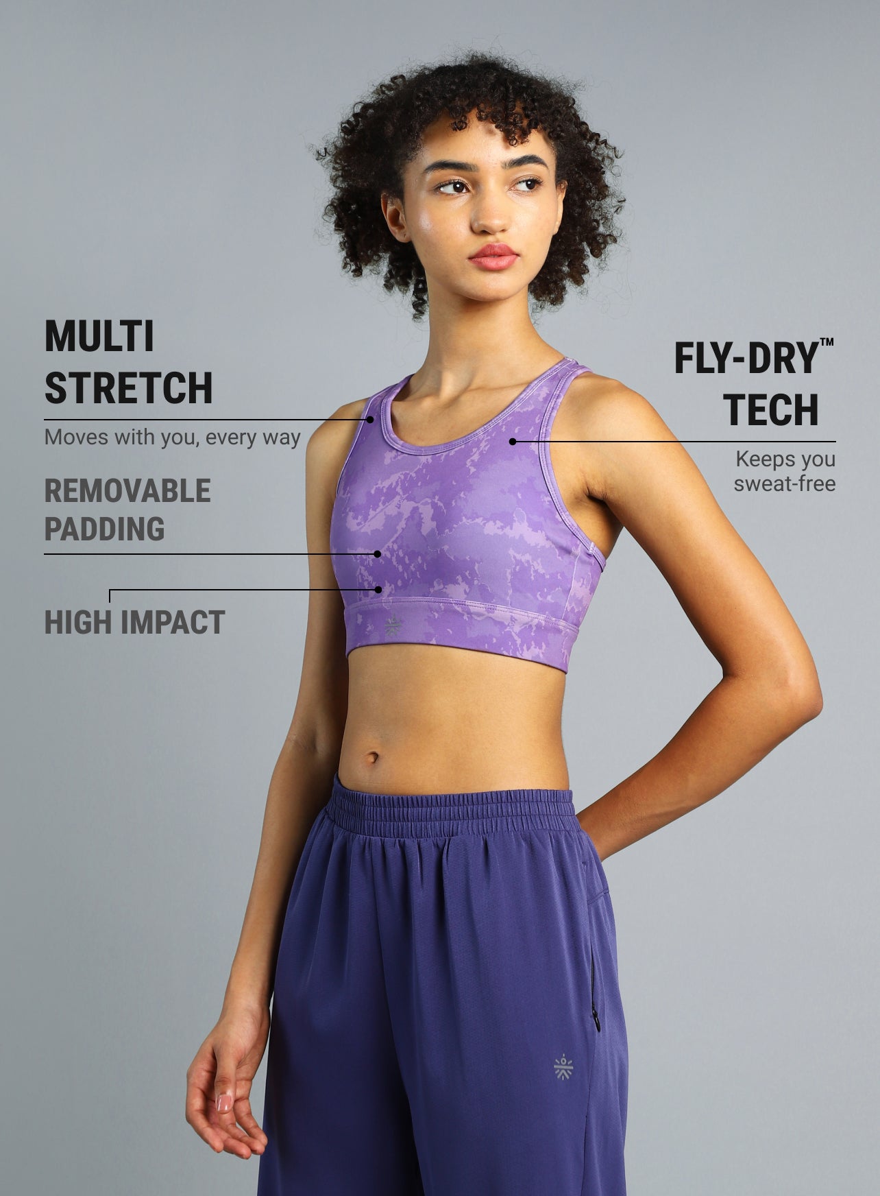 Women's Purple Printed Racerback High Impact Bra