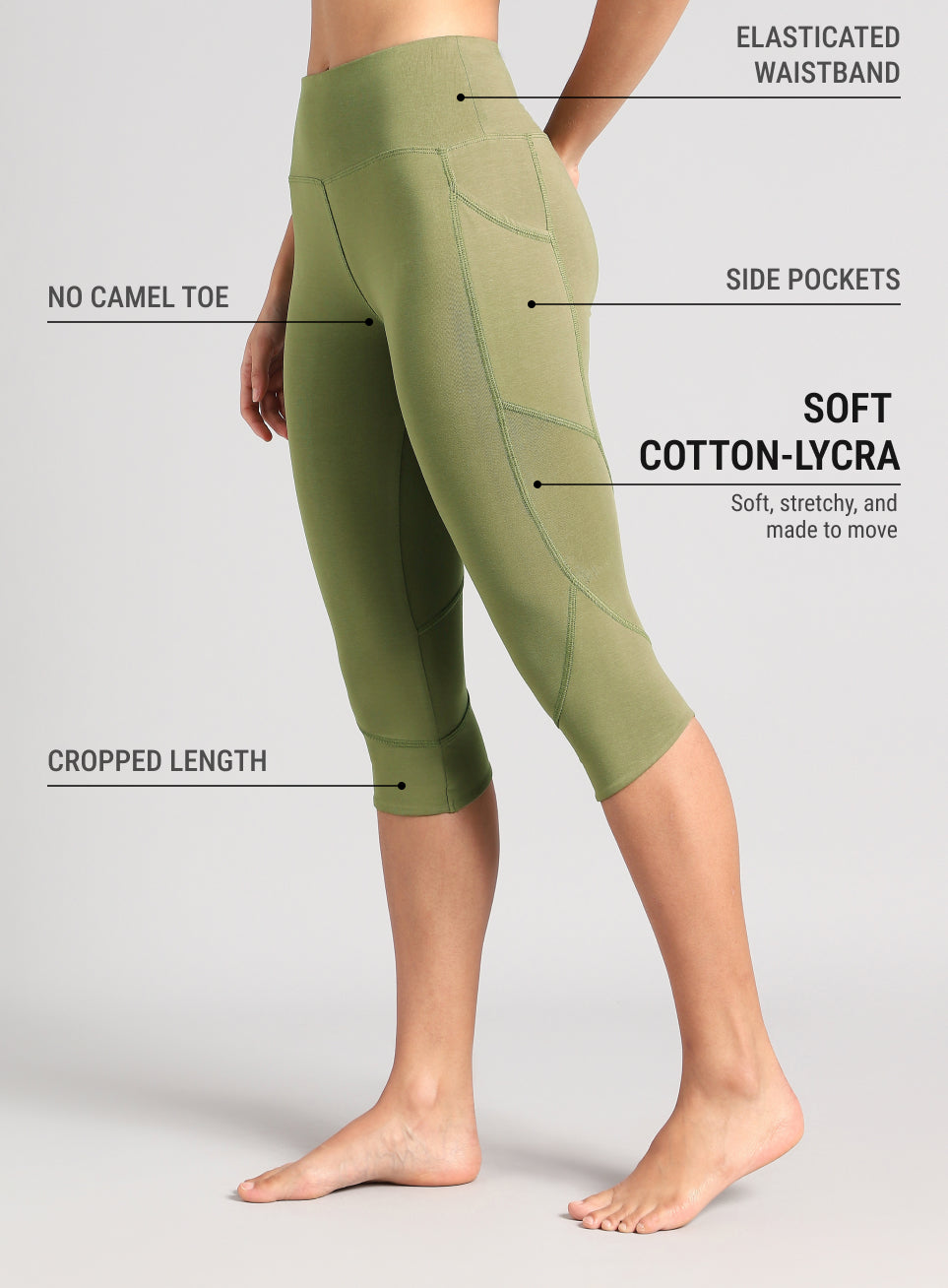 Women's Olive Yoga Flow Cotton Cropped Tights