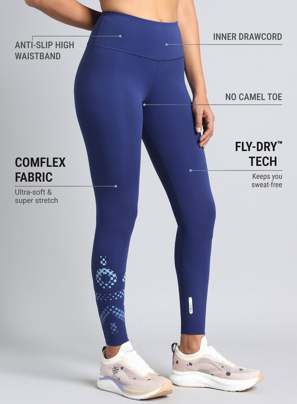 Women's Blue Absolute Fit Tights with Logo Print and Back Pocket