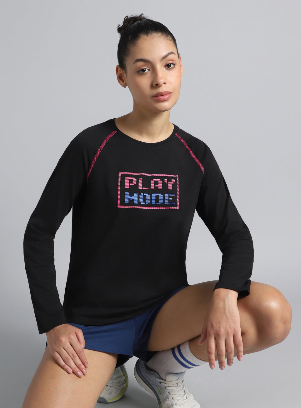 Women's Black Play Mode Full Sleeve T-shirt