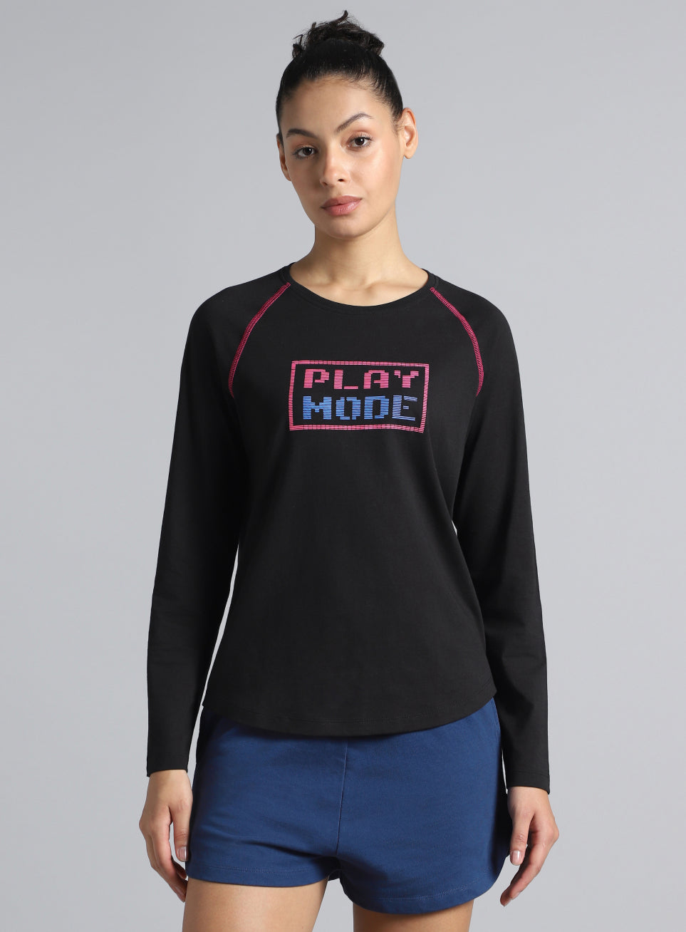 Women's Black Play Mode Full Sleeve T-shirt