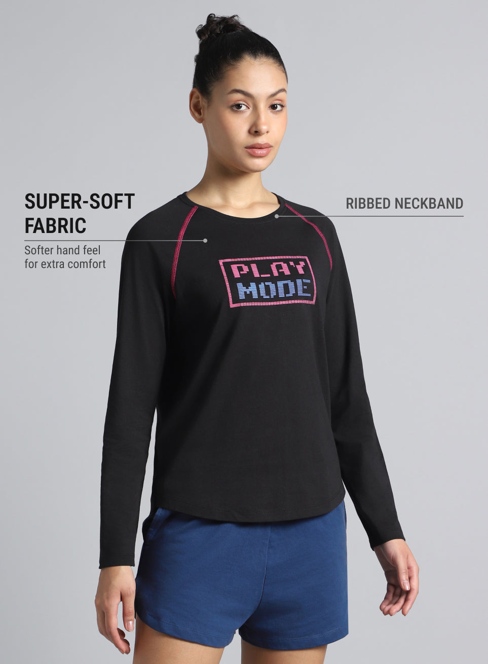 Women's Black Play Mode Full Sleeve T-shirt