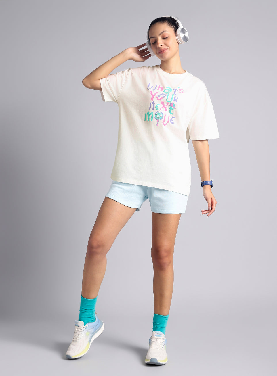 Women's Off White Sporty Graphic Oversized T-shirt