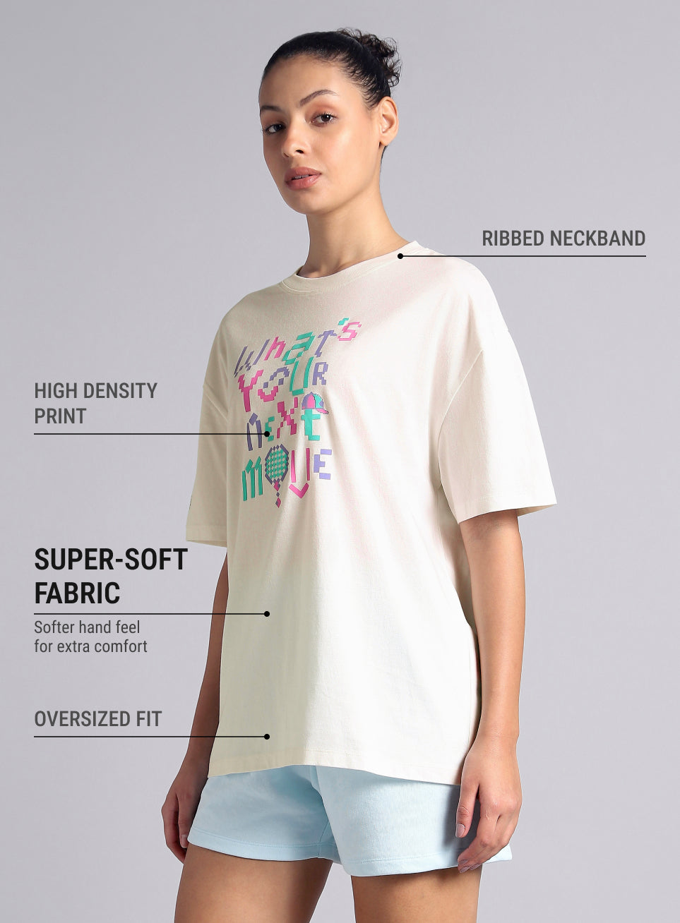 Women's Off White Sporty Graphic Oversized T-shirt