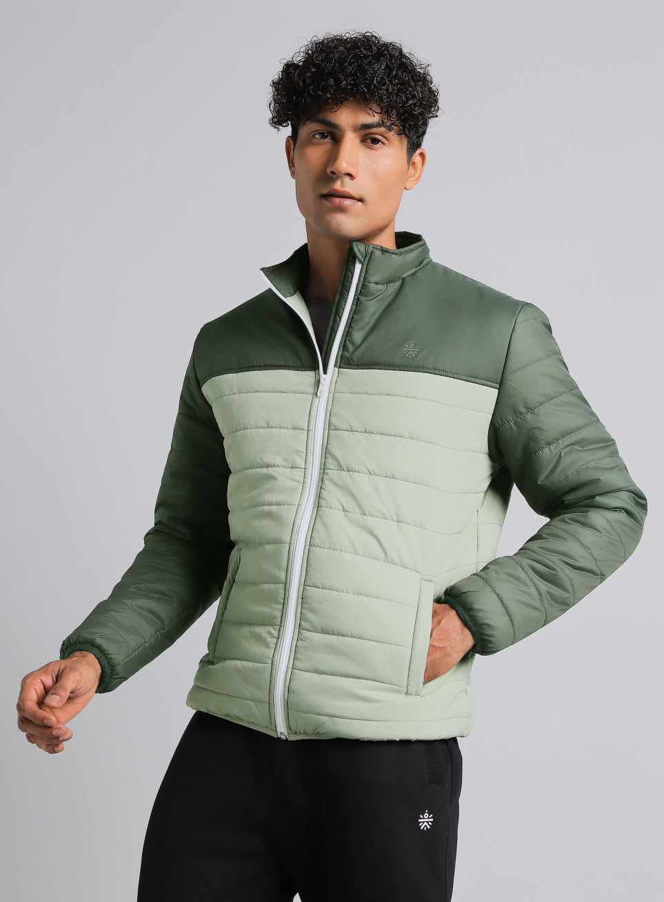 Men's Dark Green Colourblock Puffer Jacket
