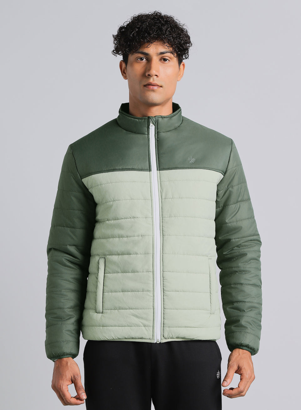Men's Dark Green Colourblock Puffer Jacket