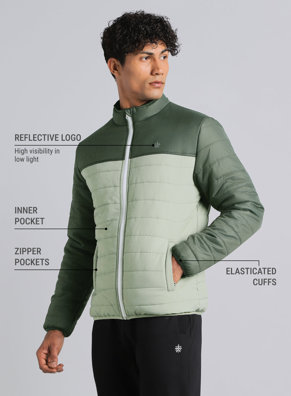 Men's Dark Green Colourblock Puffer Jacket