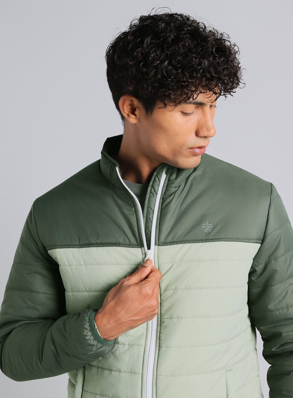Men's Dark Green Colourblock Puffer Jacket