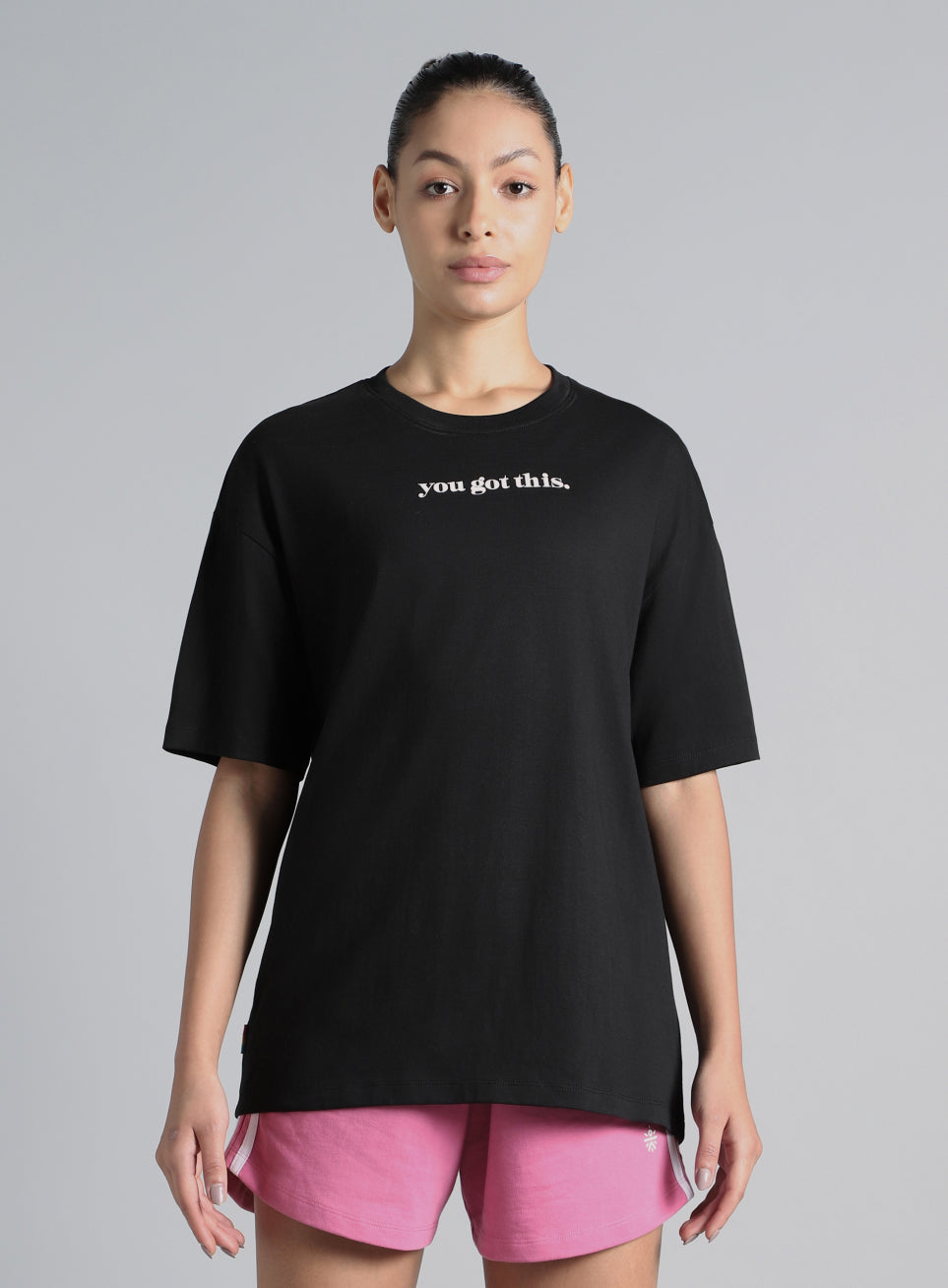 Women's Black You Got This Puff Print Peach Oversized T-shirt