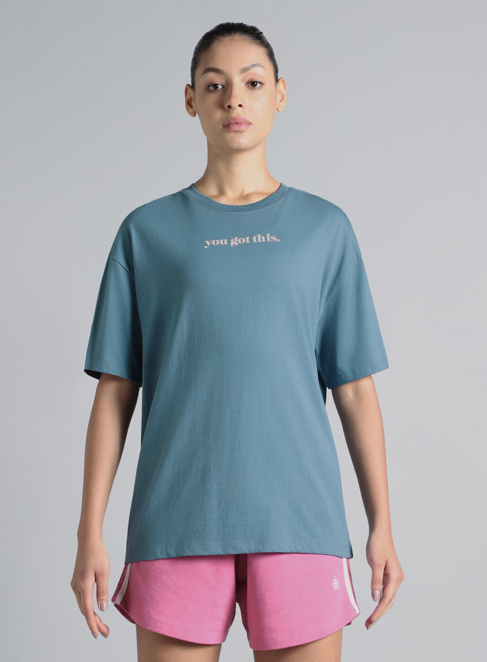 Women's Blue You Got This Puff Print Peach Oversized T-shirt