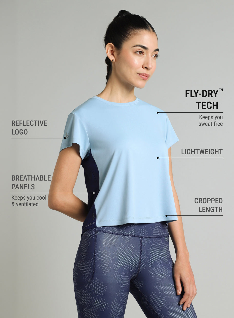 Women's Blue Colourblock Cropped Running T-shirt