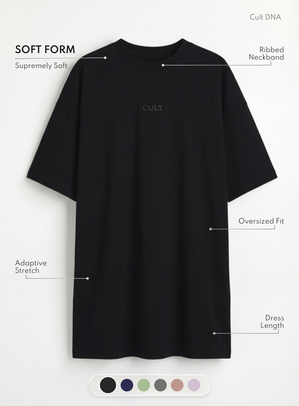 Women's Black Soft Form Oversized T-shirt Dress