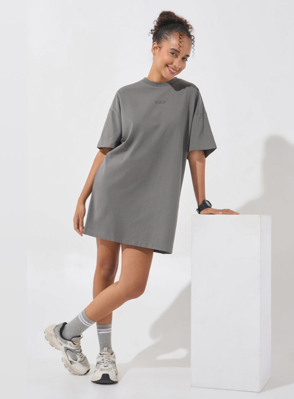 Women's Dark Grey Soft Form Oversized T-shirt Dress