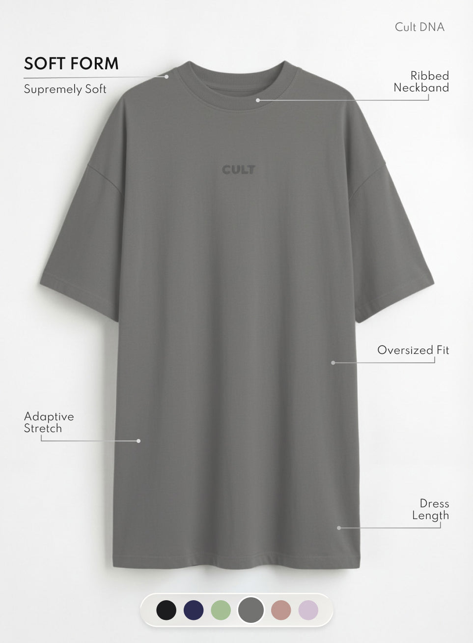 Women's Dark Grey Soft Form Oversized T-shirt Dress