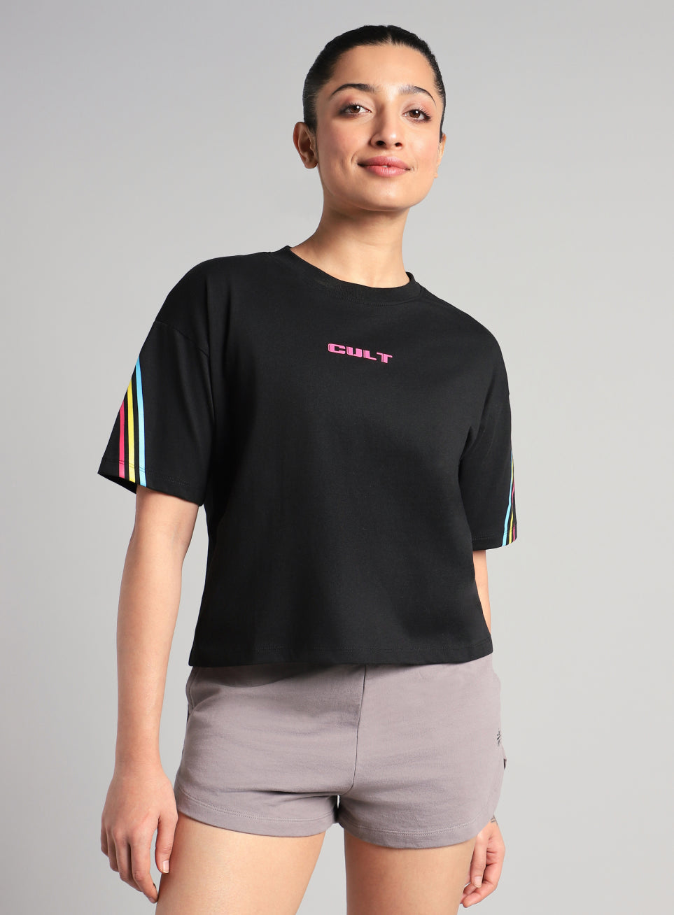Women's Black Cult Vibe Stripes Boxy Fit T-shirt
