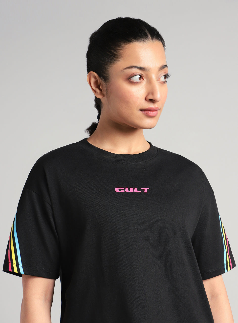 Women's Black Cult Vibe Stripes Boxy Fit T-shirt