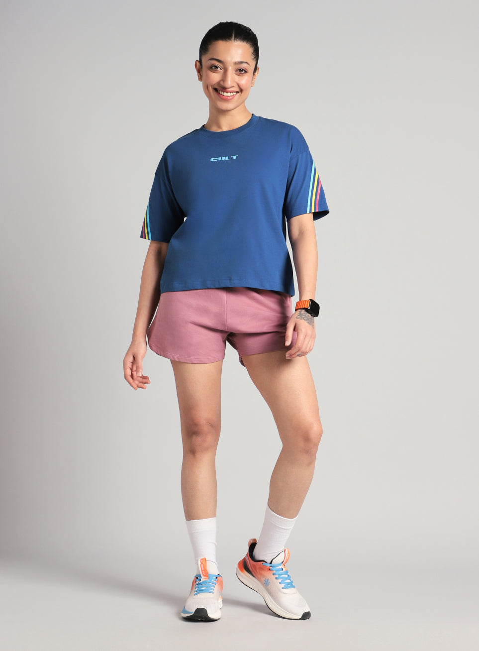 Women's Blue Cult Vibe Stripes Boxy Fit T-shirt