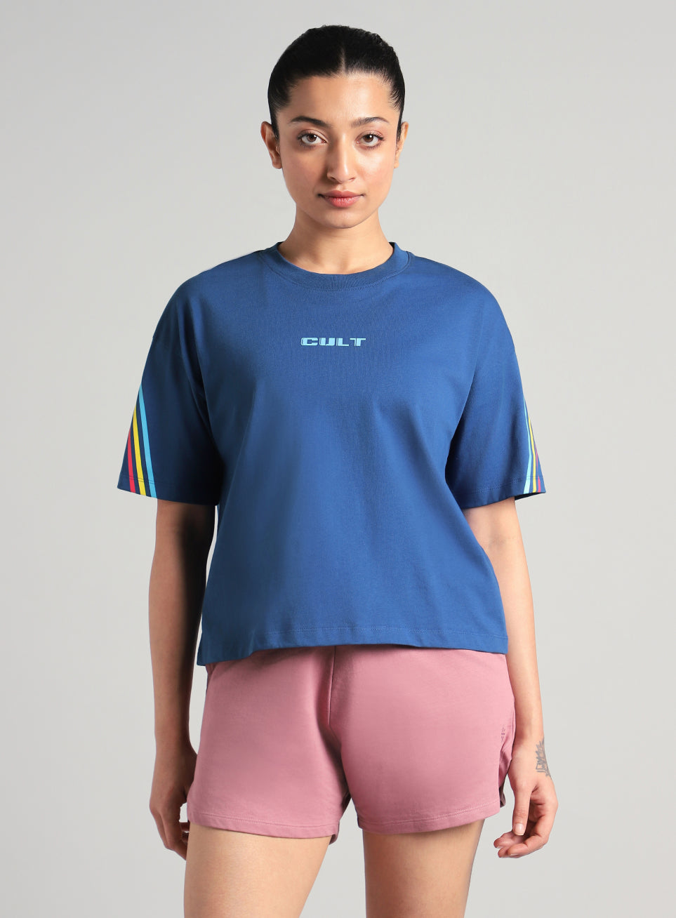 Women's Blue Cult Vibe Stripes Boxy Fit T-shirt