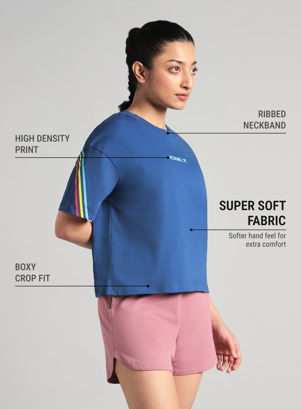 Women's Blue Cult Vibe Stripes Boxy Fit T-shirt