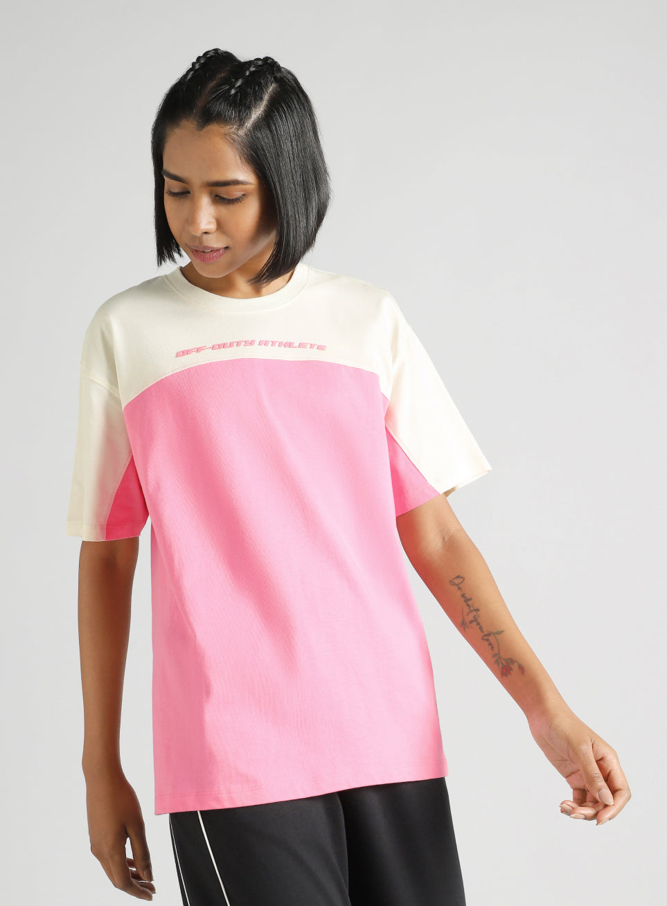 Women's Pink Offbeat Colorblock Oversized Fit T-Shirt