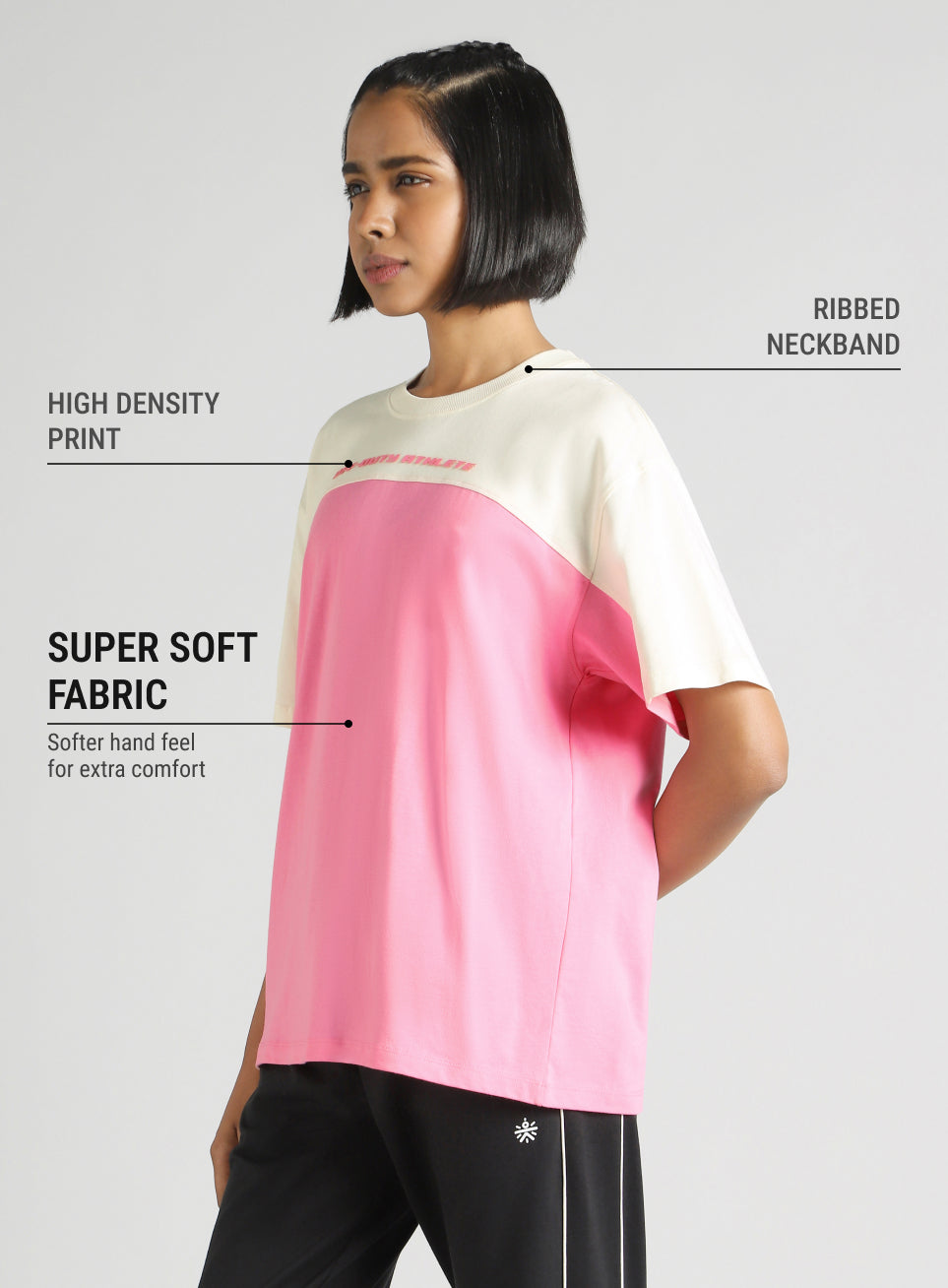 Women's Pink Offbeat Colorblock Oversized Fit T-Shirt