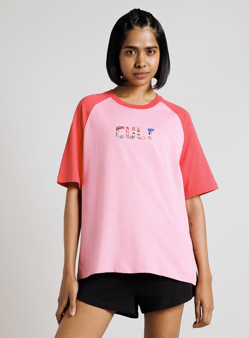 Women's Pink Retro Block Graphic Oversized T-shirt